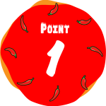 赤い背景に番号「1」と周囲に小さな唐辛子が描かれたイラスト