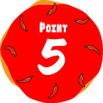 赤い背景に数字の5と周りに唐辛子のイラストが描かれたデザイン